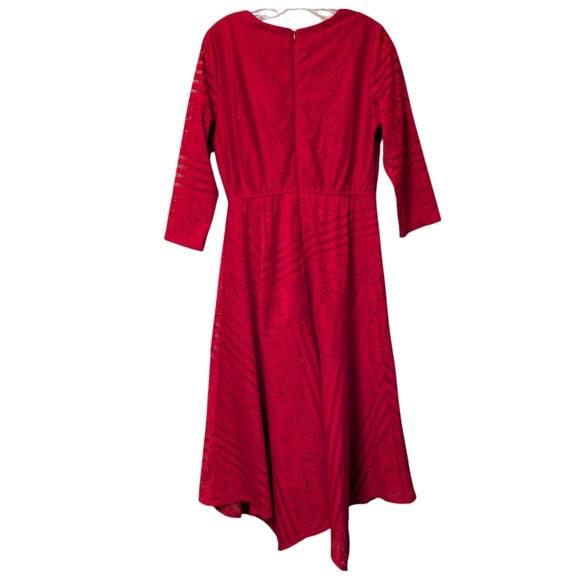Danny & Nicole Ruby Red 3/4 Sleeve Dress Striped Floral Lace Midi Sz. 10 - Picture 7 of 16